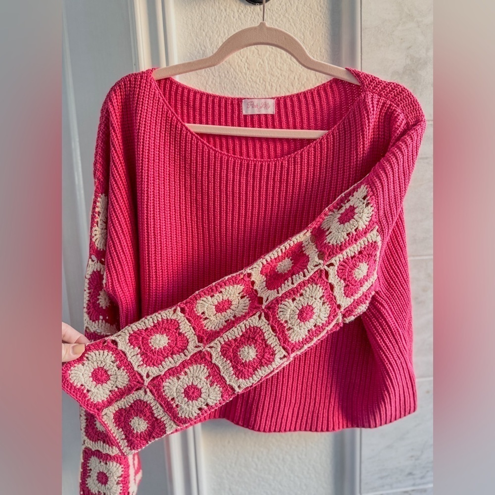Pink Lily Fuchsia Crewneck Sweater with Crochet-Pattern Balloon Sleeves - Picture 7 of 16